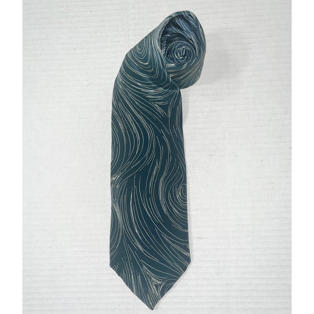 John Henry Necktie Mens Silk Crepe Teal Blue White Swirl Abstract Pattern USA
